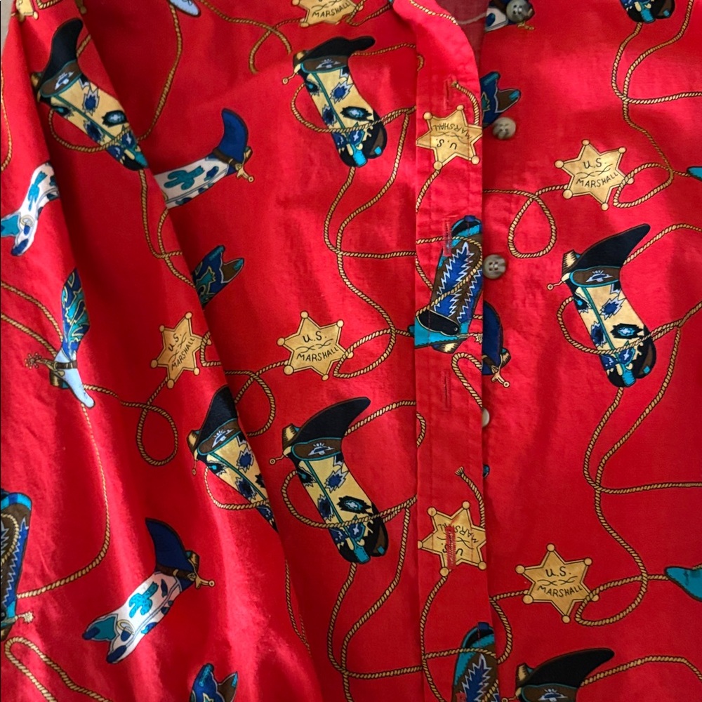 Vibrant Red Western Print Women's Button Down Shirt - Picture 3 of 6